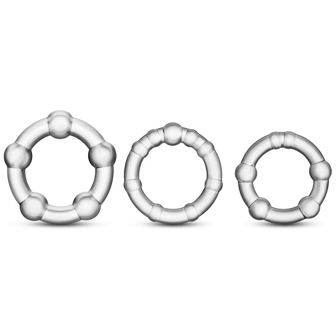 ТРИ ПРОЗРАЧНЫХ ЭРЕКЦИОННЫХ КОЛЬЦА STAY HARD BEADED COCKRINGS. Вид 1.