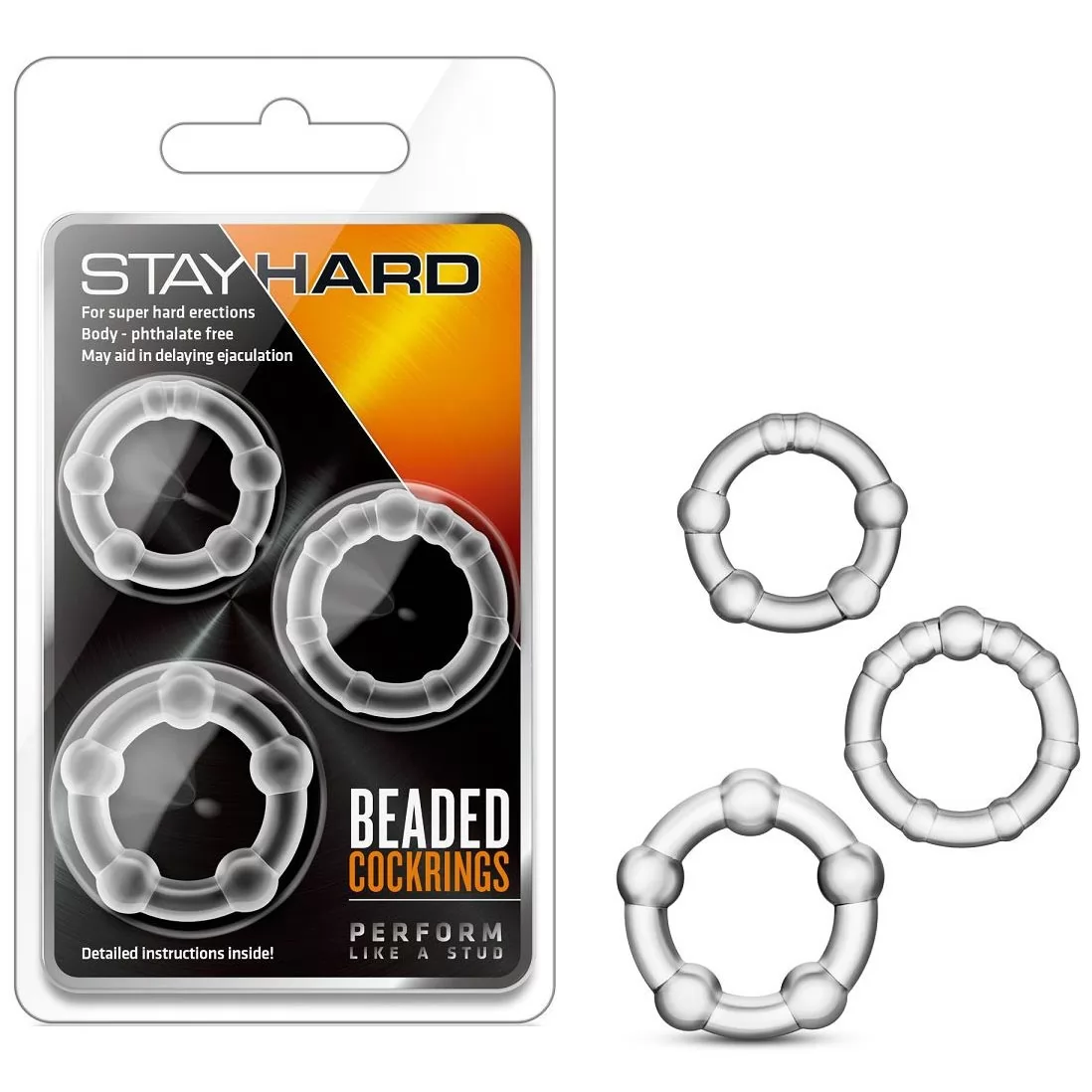 ТРИ ПРОЗРАЧНЫХ ЭРЕКЦИОННЫХ КОЛЬЦА STAY HARD BEADED COCKRINGS. Вид 2.