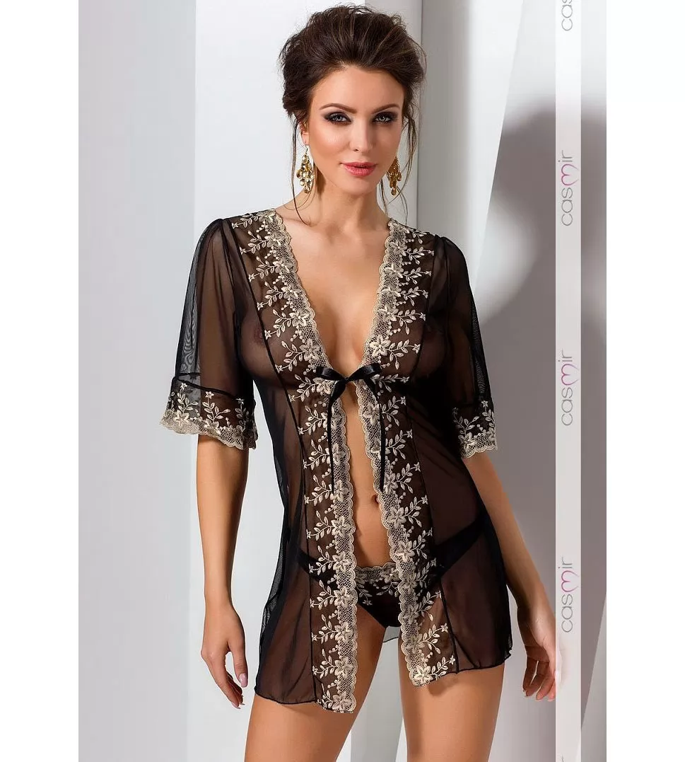 ПЕНЬЮАР TYRONE С НЕЖНОЙ ВЫШИВКОЙ И ЗАВЯЗКАМИ (XXL-XXXL, ЧЕРНЫЙ). Вид 1.