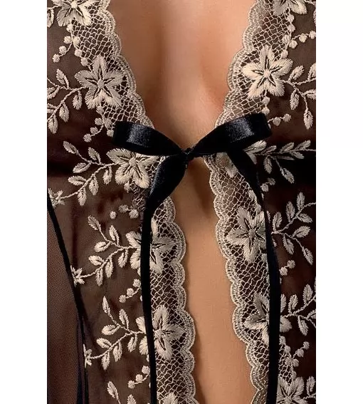 ПЕНЬЮАР TYRONE С НЕЖНОЙ ВЫШИВКОЙ И ЗАВЯЗКАМИ (XXL-XXXL, ЧЕРНЫЙ). Вид 2.