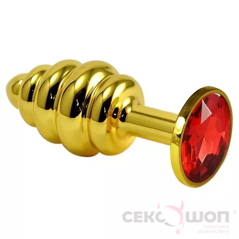 РЕЛЬЕФНЫЙ АНАЛЬНЫЙ ПЛАГ С КРАСНЫМ СТРАЗОМ GOLD SPIRAL (ЗОЛОТОЙ). Вид 1.