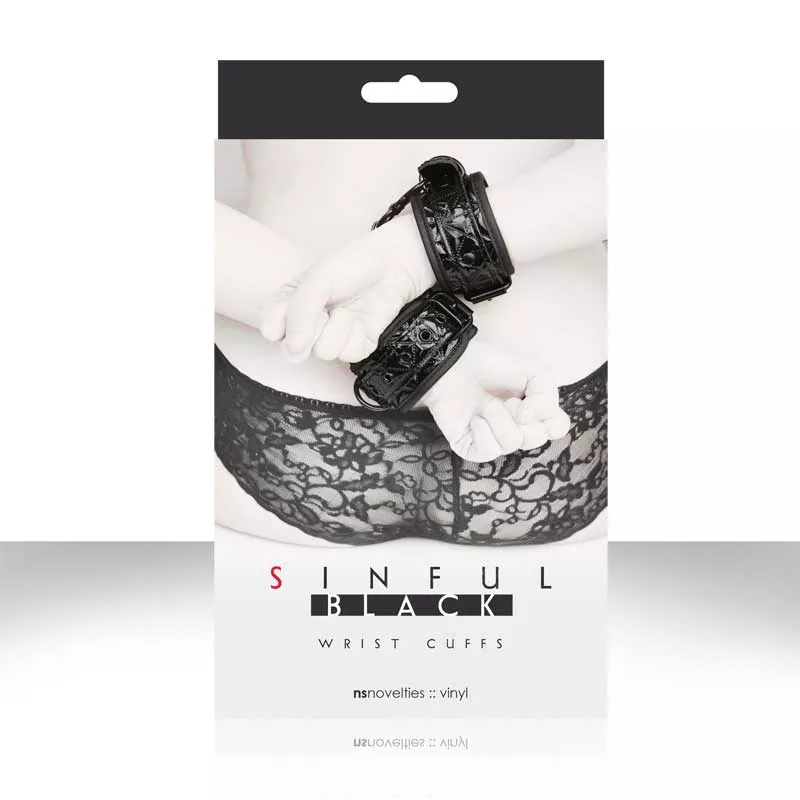 ЧЕРНЫЕ СОЕДИНЕННЫЕ ЦЕПЬЮ НАРУЧНИКИ SINFUL WRIST CUFFS. Вид 3.