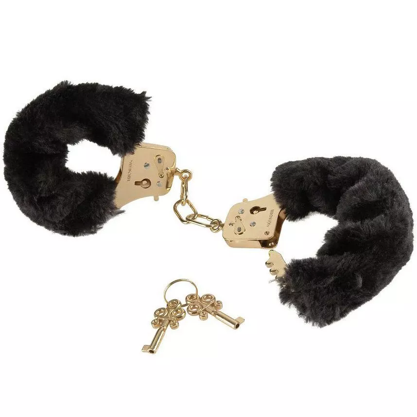НАРУЧНИКИ С ЧЁРНОЙ МЕХОВОЙ ОПУШКОЙ GOLD DELUXE FURRY CUFFS. Вид 1.