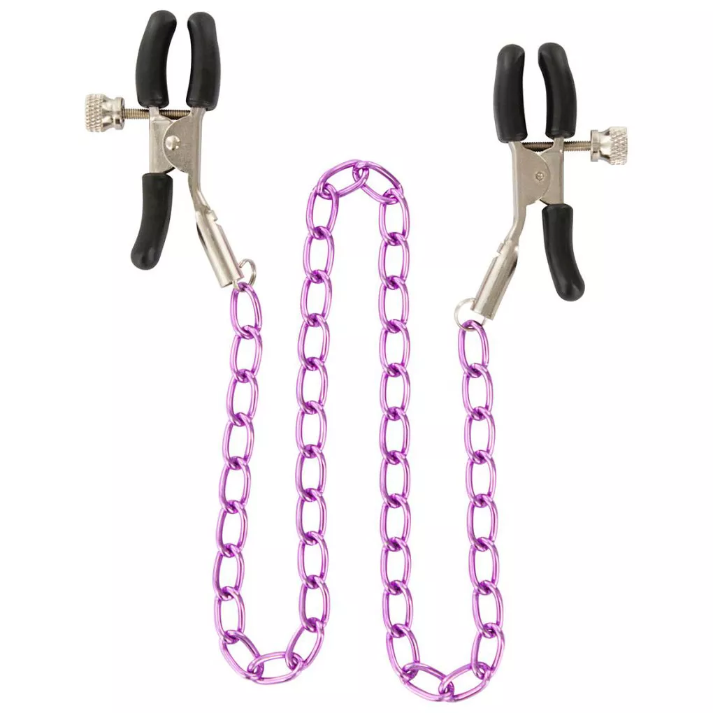 ЗАЖИМЫ ДЛЯ СОСКОВ NIPPLE CHAIN METAL НА ФИОЛЕТОВОЙ ЦЕПОЧКЕ. Вид 1.